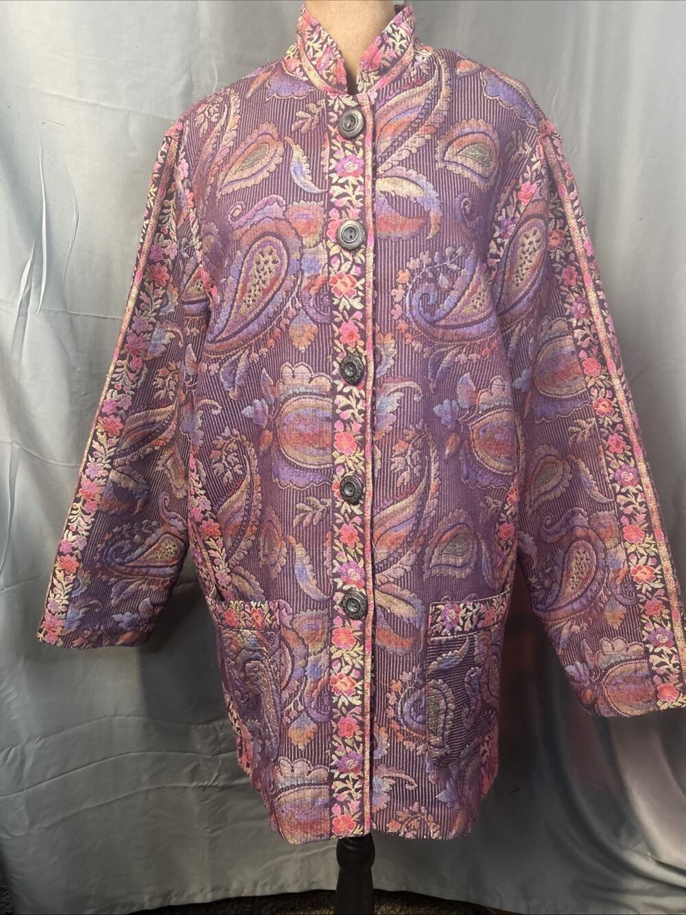 Vintage Koret Tapestry Jacket 18W Purple Paisley Floral Brocade Blazer 90s Boho